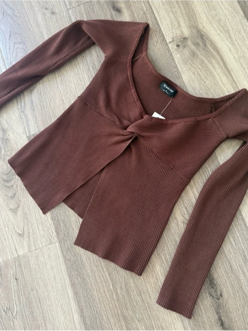 NWT Workshop Twist-Front Ribbed Long-Sleeve Top in Chocolate Brown - Picture 2 of 5